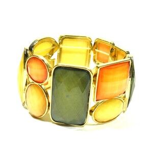 Chunky Stretch Bracelet Gold Tone Wide Green Orange Faceted Autumn Geometric